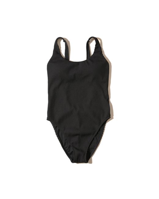Hollister Black Ribbed High-leg One-piece Swimsuit