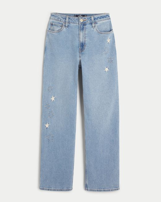 Hollister Blue Ultra High-rise Medium Wash Star Embroidered Dad Jeans