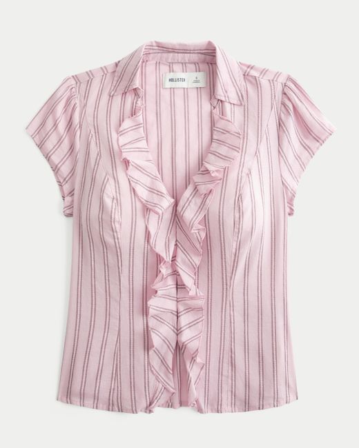 Hollister Pink Short-sleeve Flyaway Ruffle Shirt
