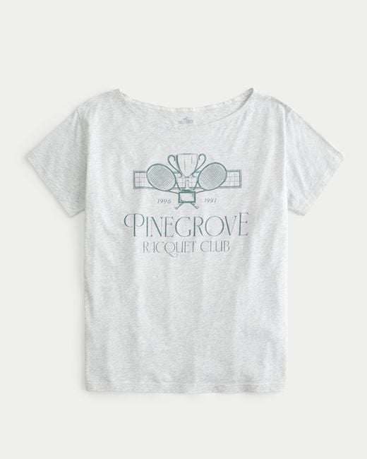 Hollister White Oversized Off-the-shoulder Pinegrove Racquet Club Graphic Tee