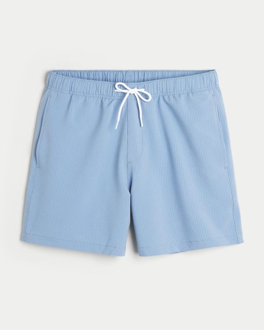 Hollister Blue Mid-thigh Seersucker Volley Swim Trunks for men
