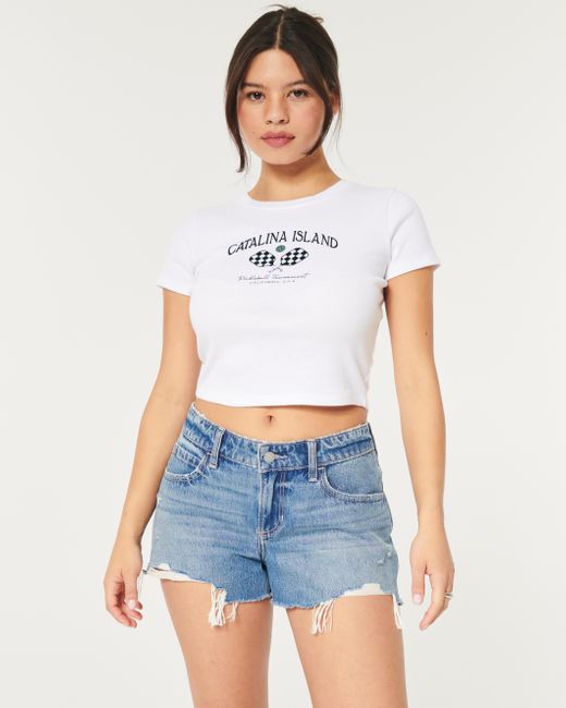 Hollister Blue Gerippte Low-Rise Jeans-Shorts in Baggy-Fit in mittlerer Waschung