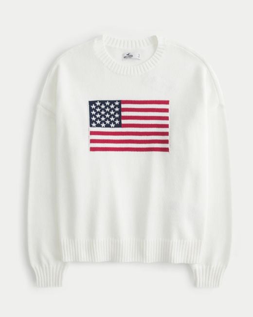 Hollister White Oversized Us Flag Graphic Crew Sweater