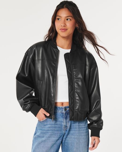 Hollister Social Tourist Oversized Vegan Leather Bomber Jacket in Black Lyst UK