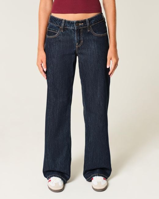 Hollister Blue Low-rise Dark Wash London Embroidered Baggy Jeans