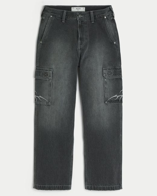 Hollister Gray Embroidered Baggy Cargo Jeans for men