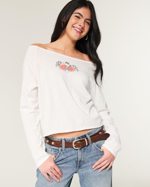 Hollister White Oversized Long-sleeve Snoopy Graphic Tee