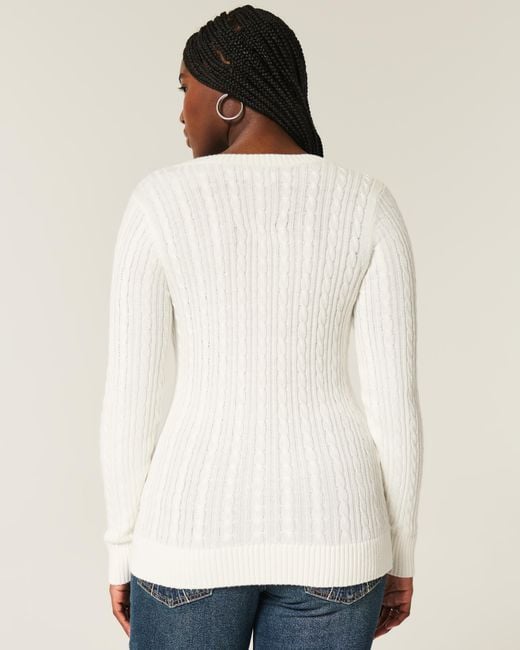 Hollister White Cable-knit Icon V-neck Sweater