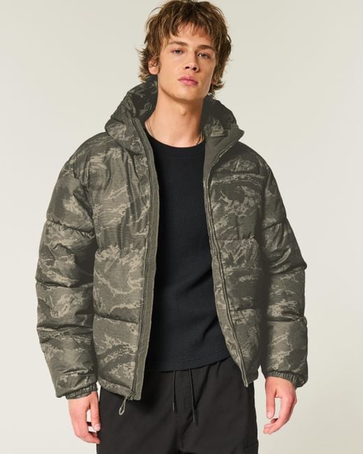 Hollister Green Hooded Camo Puffer Jacket for men