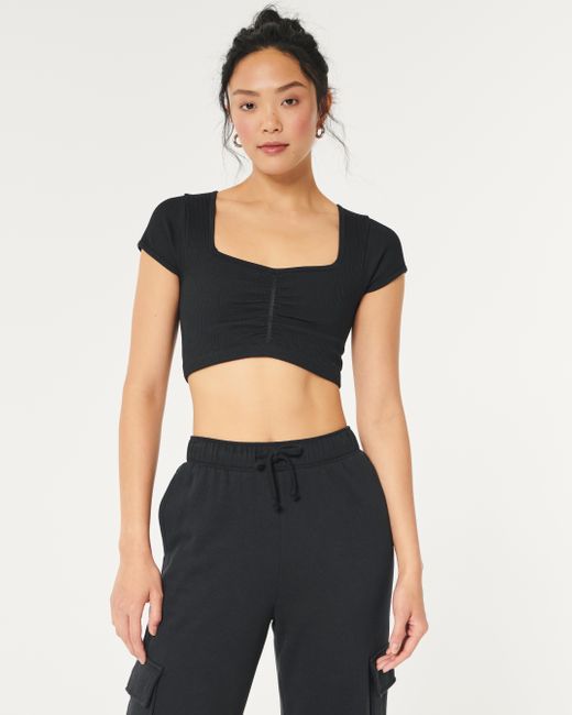 Hollister Black Gilly Hicks Ribbed Seamless Fabric Cinched Top