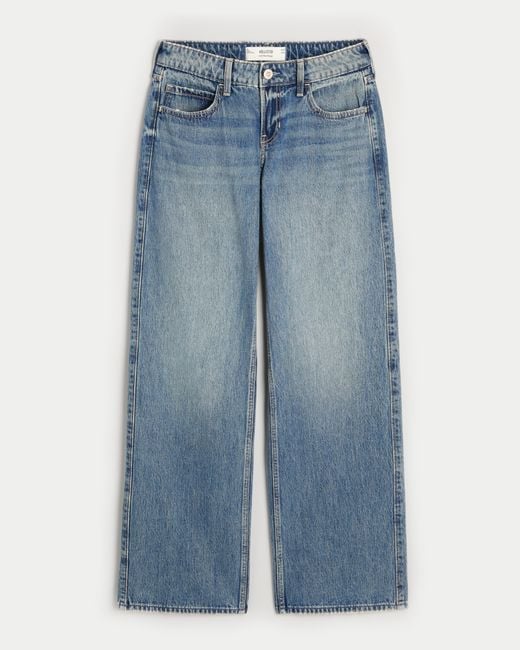 Hollister Blue Low-rise Floral Embroidered Medium Wash Baggy Jeans