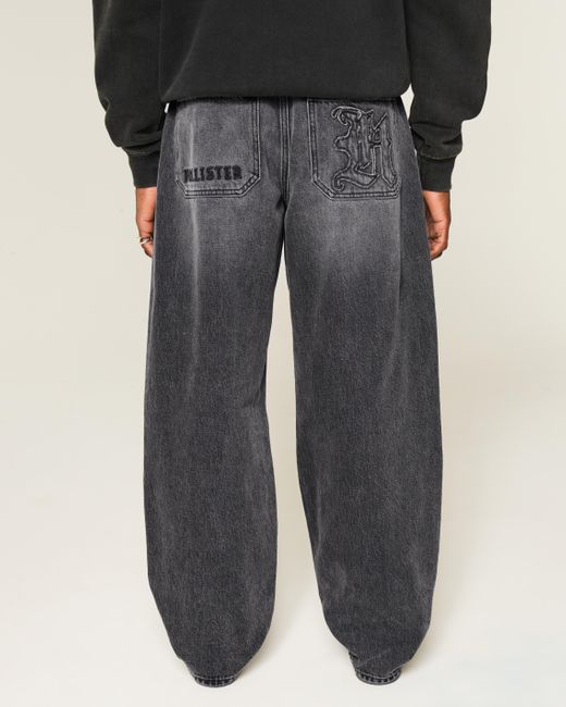 Hollister Gray Washed Black Logo Graphic Skater Baggy Jeans for men