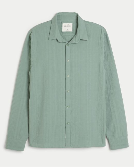 Hollister Green Long-sleeve Cotton Seersucker Shirt for men