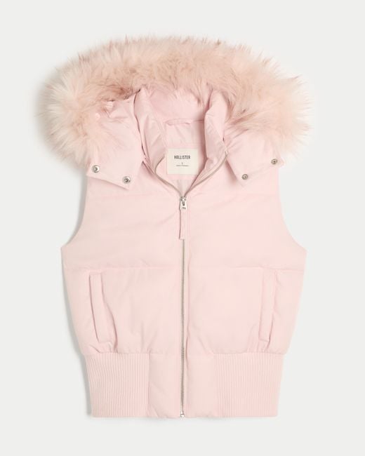 Hollister Pink Faux Fur Trim Hooded Y2k Vest