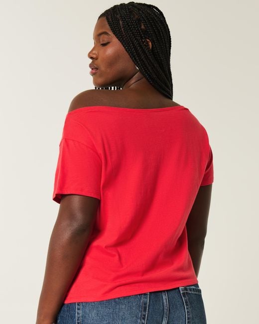 Hollister Red Easy Off-the-shoulder Number Graphic Tee