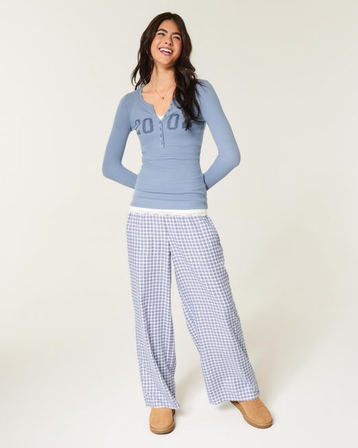 Hollister Blue Contrast Waist Baggy Flannel Pants