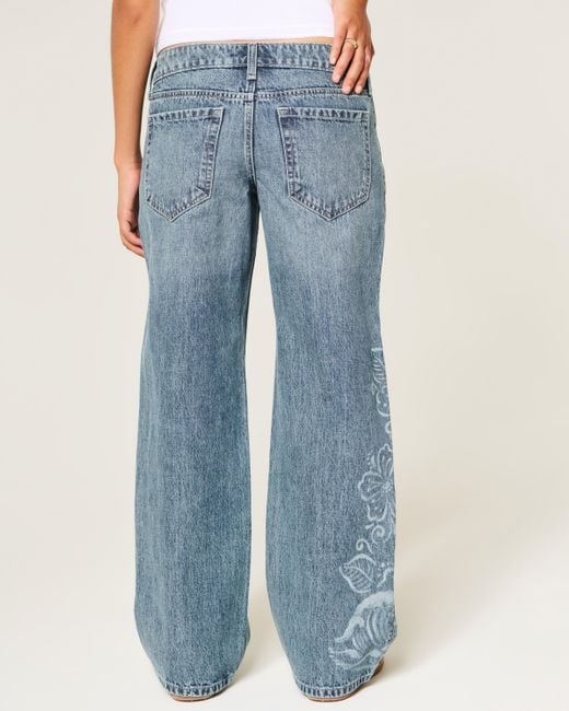 Hollister Blue Ultra Low-rise Medium Wash Floral Print Baggy Jeans