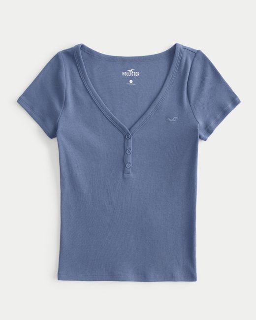 Hollister Blue Ribbed Short-sleeve Icon Henley