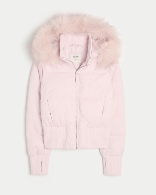 Hollister Pink Faux Fur Trim Puffer Bomber Jacket