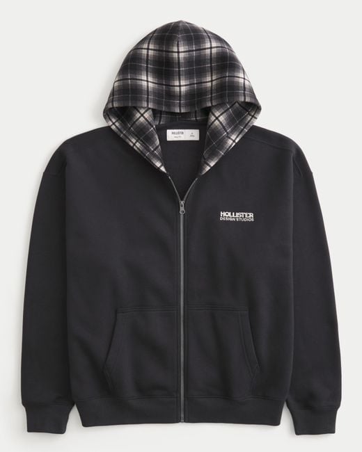 Hollister Black Boxy Zip-up Plaid Hood Logo Hoodie for men