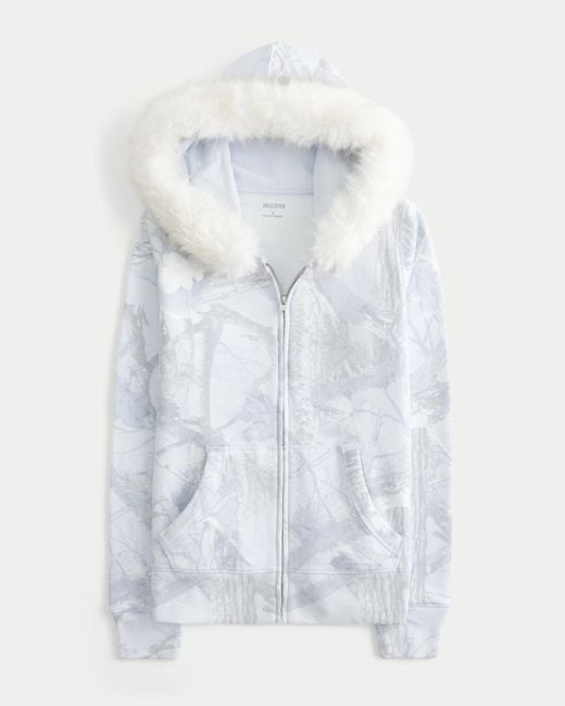 Hollister Blue Hollister Feel Good Faux Fur Trim Zip-up Camo Hoodie