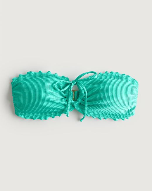 Hollister Green Ribbed Shimmer Cinch Bandeau Bikini Top