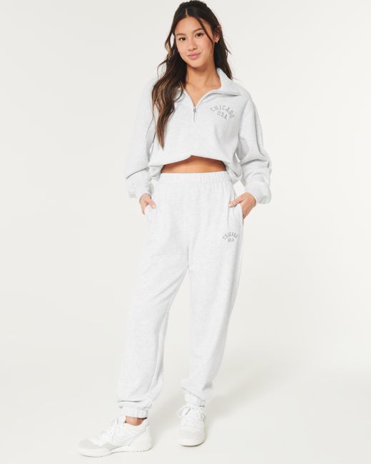 Hollister White Fleece Chicago Graphic Dad Joggers