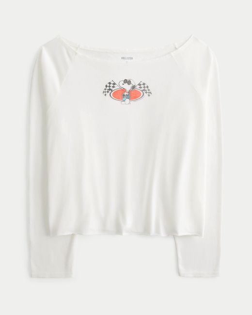 Hollister White Oversized Long-sleeve Snoopy Graphic Tee
