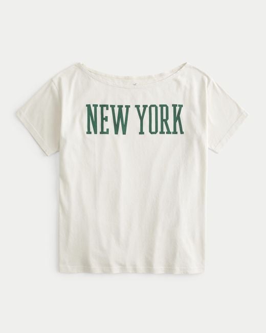 Hollister White Oversized Off-the-shoulder New York Graphic Tee