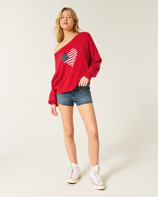 Hollister Red Easy Off-the-shoulder Heart Flag Graphic Sweater