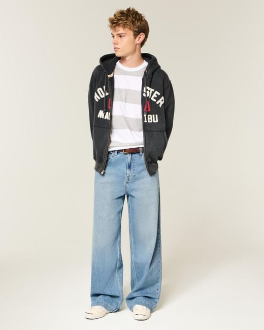 Hollister Blue Medium Wash Eagle Embroidery Super Baggy Jeans for men