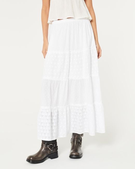 Hollister White Tiered Eyelet Maxi Skirt
