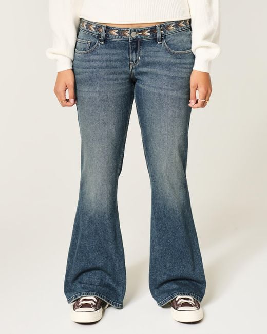 Hollister Blue Ultra Low-rise Medium Wash Embroidered Flare Jeans