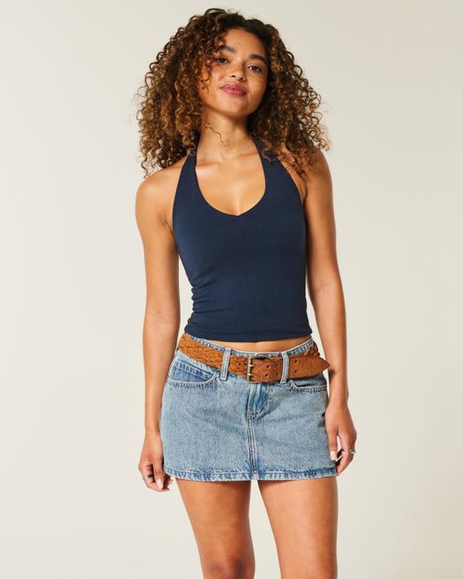 Hollister Blue Jeans-Miniskort mit Schnürsenkeln in heller Waschung