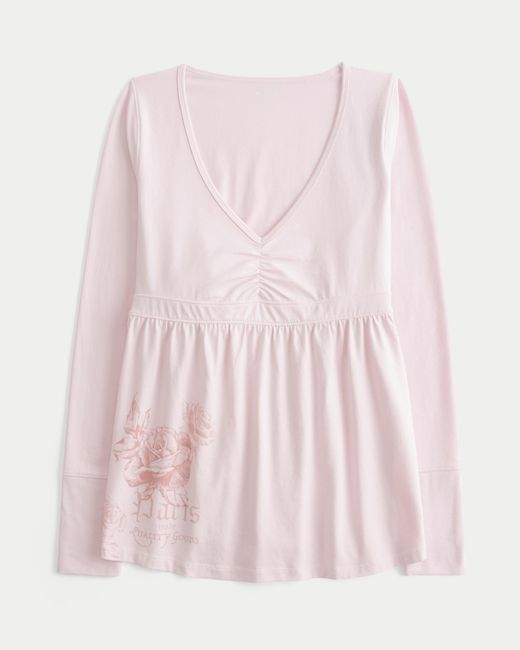 Hollister Pink Long-sleeve Pinch Bust Graphic Babydoll Top