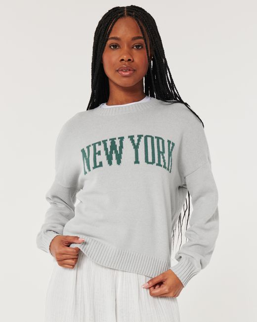 Hollister Gray Oversized Pullover mit New York-Grafik und Rundhalsausschnitt