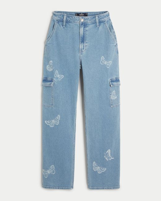 Hollister Ultra High-rise Light Wash Butterfly Print Cargo Dad Jeans in  Blue