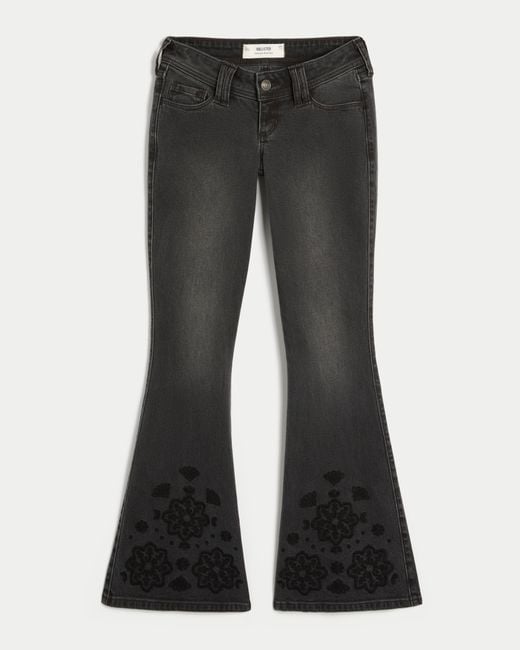Hollister Ultra Low-rise Floral Embroidery Washed Black Flare Jeans