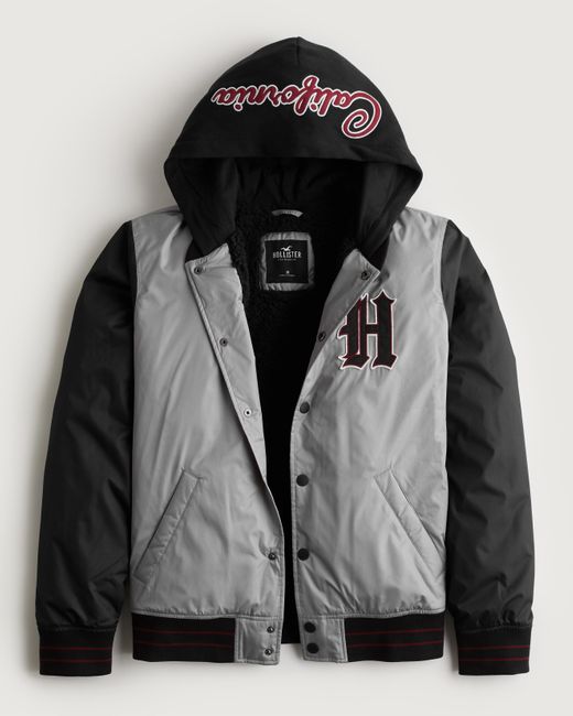 Hollister Sherpalined Hooded Varsity Bomber Jacket in Black for Men