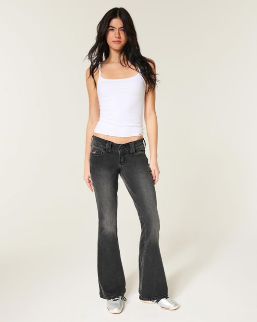 Hollister Adjustable Waist Ultra Low-rise Washed Black Back Buckle Flare Jeans