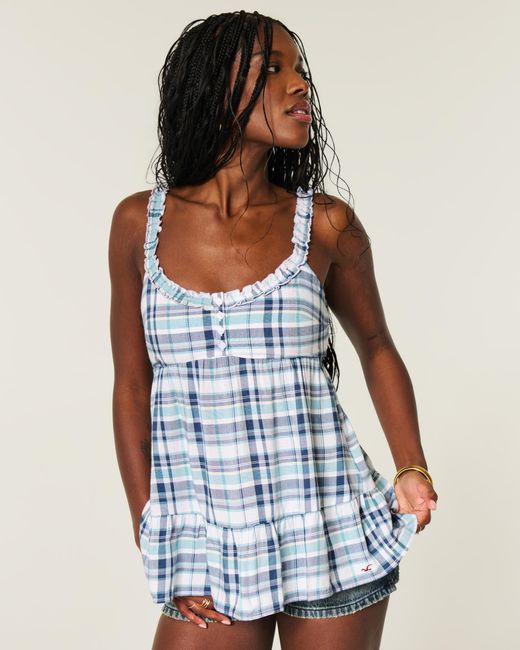 Hollister Blue Longline Ruffle Icon Tunic Babydoll Top