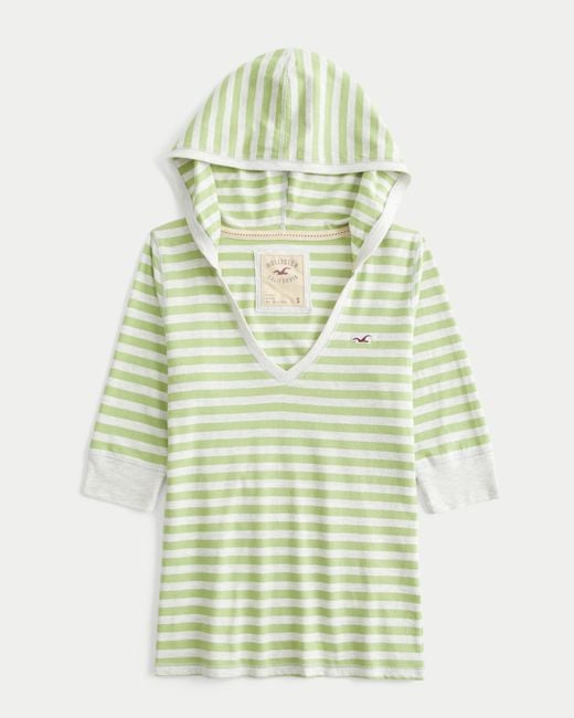 Hollister Green Half-sleeve Hooded V-neck T-shirt