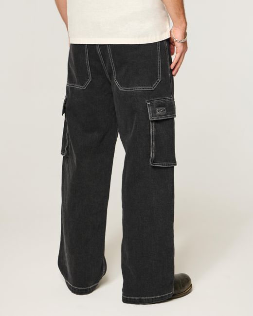 Hollister Washed Black Super Baggy Cargo Jeans for men