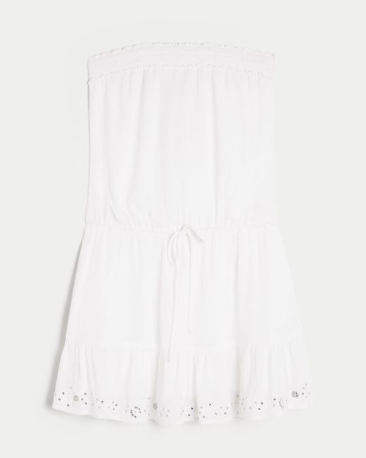Hollister White Strapless Drawstring Blouson Mini Dress