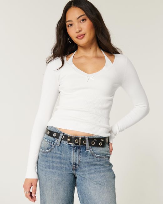 Hollister White Langärmeliger Pullover mit Krawattenhalter