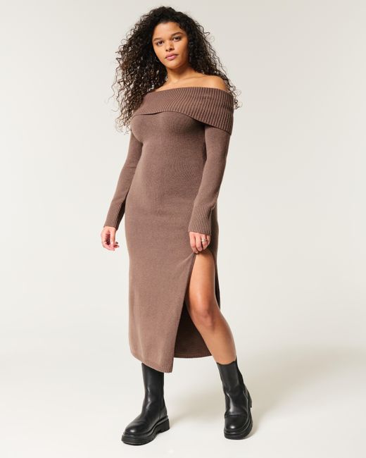 Hollister Brown Off-the-shoulder Midi Sweater Dress