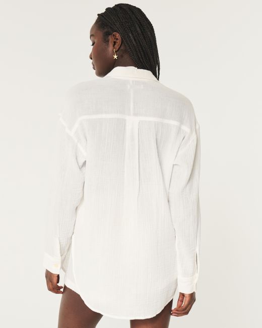 Hollister White Button-up Gauze Shirt Dress