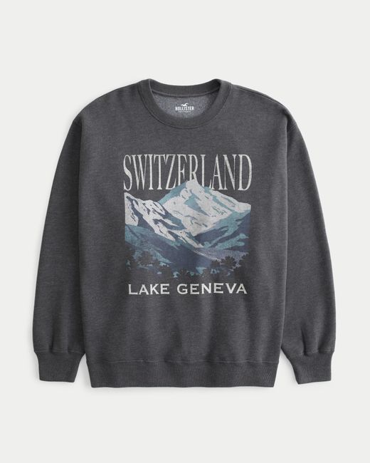Hollister Gray Oversized Lake Geneva Switzerland Graphic Crew Sweatshirt