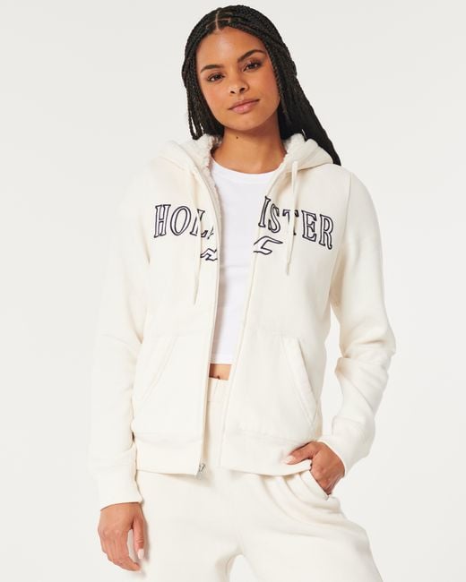 Hollister White Faux Shearling-lined Zip-up Logo Graphic Hoodie