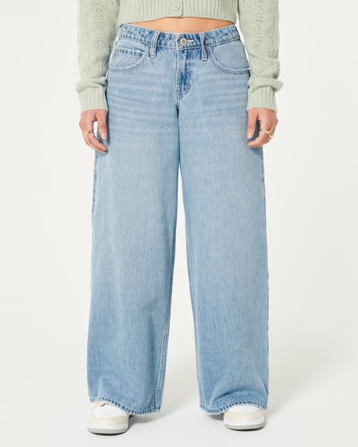 Hollister Blue Low Rise Super Baggy-Jeans in heller Waschung
